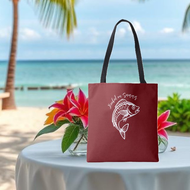 Bolsa Tote Peixe viciado no Verão DarkCherry Red (Fish Hooked on Summer Fisherman Core Beach Tote-dark cherry red)
