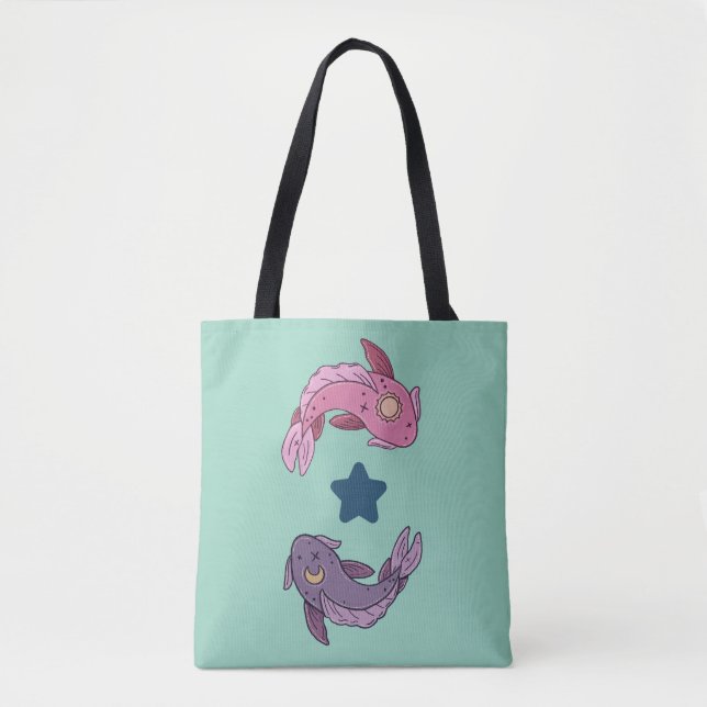 Bolsa Tote Peixes Koi Sol e Lua | Arte Celestial de Peixes (Frente)