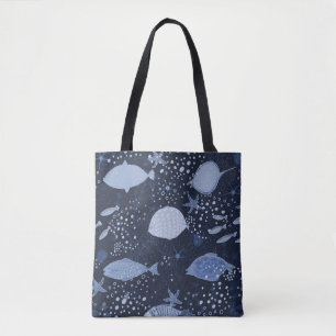 Bolsa Tote Peixes monocromáticos dormindo, padrão escuro.