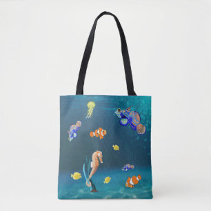 Bolsa Tote Peixes tropicais coloridos e cavalo de mar