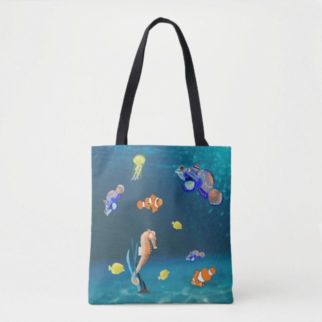 Bolsa Tote Peixes tropicais coloridos e cavalo marinho (Frente)