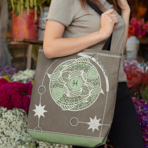 Bolsa Tote Peixes Zodiac - Sinal Verde e Cinza Mandala
