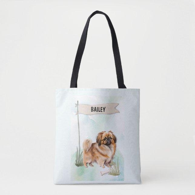 Bolsa Tote Pekinese Watercolor Personalized Dog (Frente)