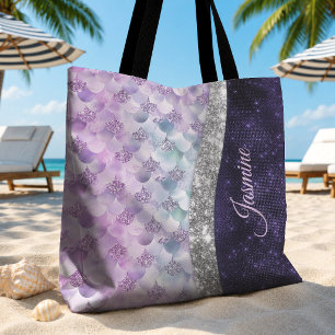 Bolsa Tote Pele de sereia roxo prata falso brilho monograma