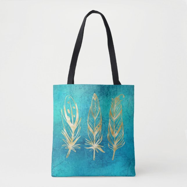 Bolsa Tote Penas Azuis Turquesa e Douradas (Frente)
