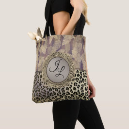 Bolsa Tote Penas com brilho com monograma de impressão leopar