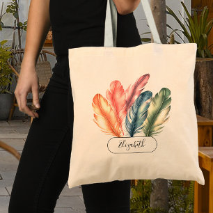 Bolsa Tote Penas de Aquarela Coloridas Nome do Script Preto