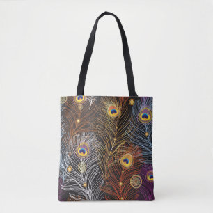 Bolsa Tote Penas de pavão de ouro: padrão escuro.