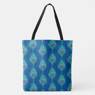Bolsa Tote Penas do pavão, Aqua em azuis cobaltos profundos
