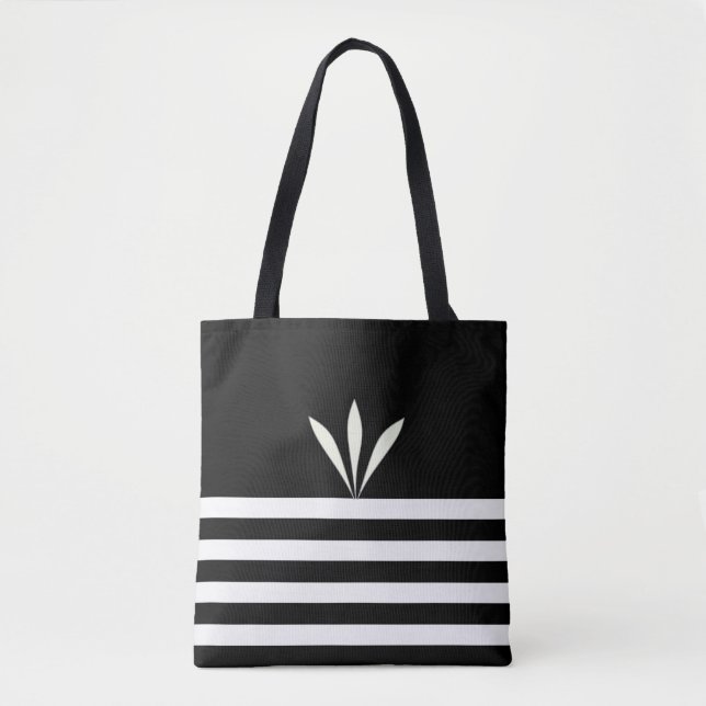 Bolsa Tote Penas Modernas em Listras Pretas e Brancas (Frente)