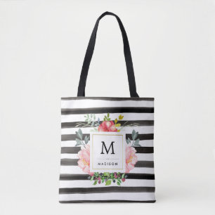 Bolsa Tote Peões de Aquarela com faixas pretas e monograma
