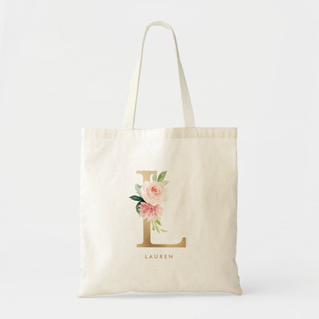 Bolsa Tote Peônia Floral Letra L Monograma Dourado Daminhas d (Frente)