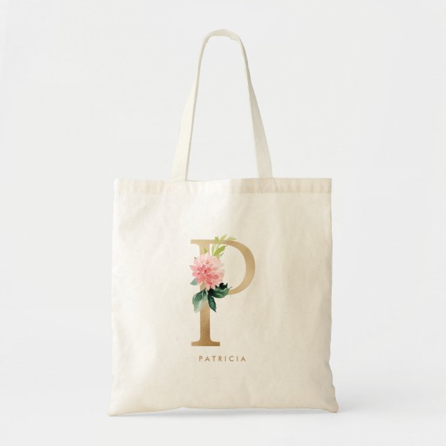 Bolsa Tote Peônia Floral Letra P Monograma Dourado Madrinhas (Frente)