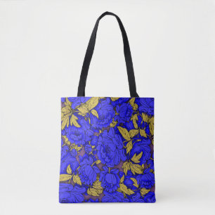 Bolsa Tote Pêonias Azuis com Folhas Douradas
