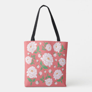 Bolsa Tote Peônias Brancas Fundo Coral Vivo