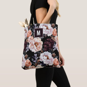 Bolsa Tote Pêonias Escuras Padrão Floral Monograma