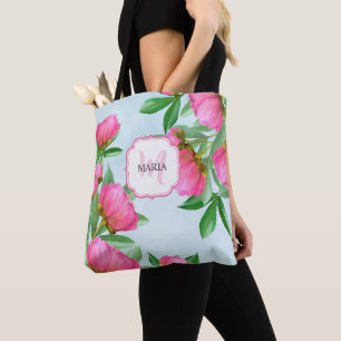 Bolsa Tote Pêonias Rosa Botânica, Pêonias Girly Monogramas