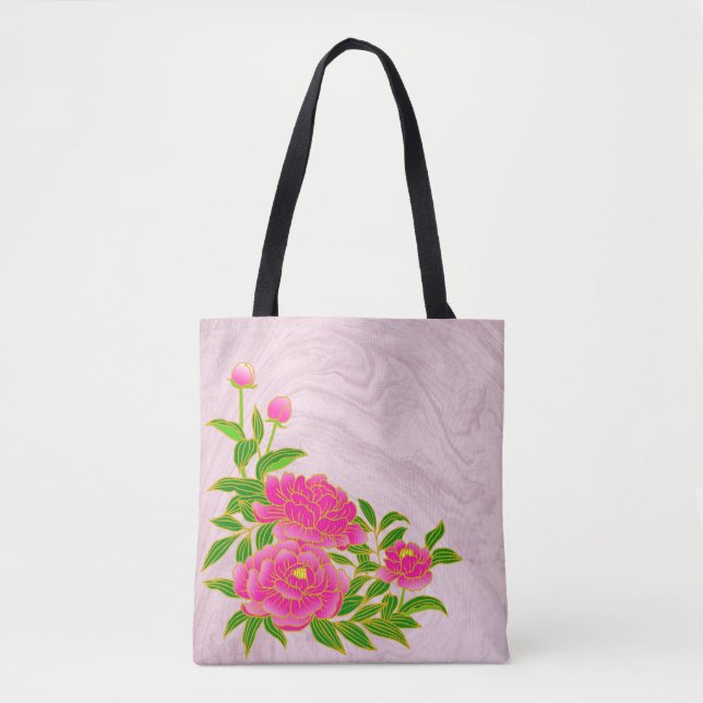 Bolsa Tote Pêonias rosa em fundo rosa-claro (Frente)