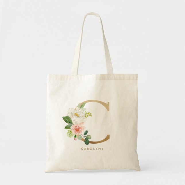 Bolsa Tote Peony Floral - Letra C Monograma Dourado Bridesmai (Frente)