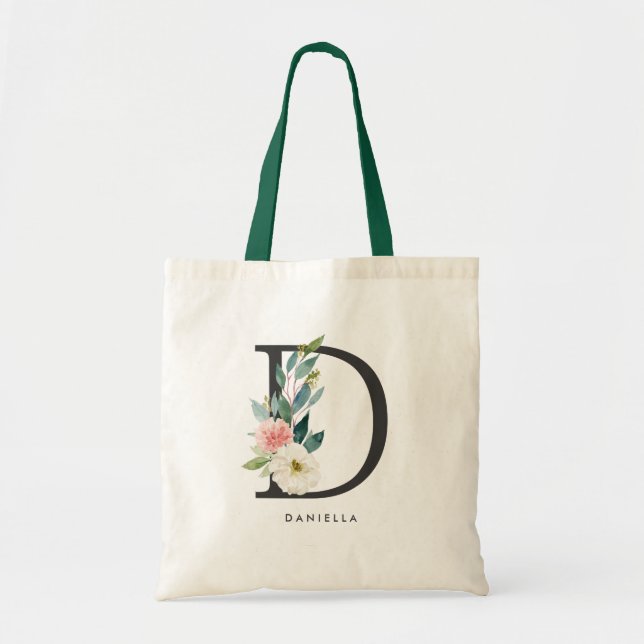 Bolsa Tote Peony Floral - Letra D Black Monograma Bridesmaid (Frente)