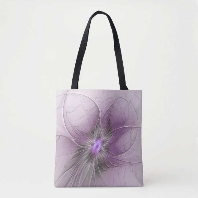Bolsa Tote Pequena Bela Cinza Mauve Moderna Flor de Arte Frac (Frente)