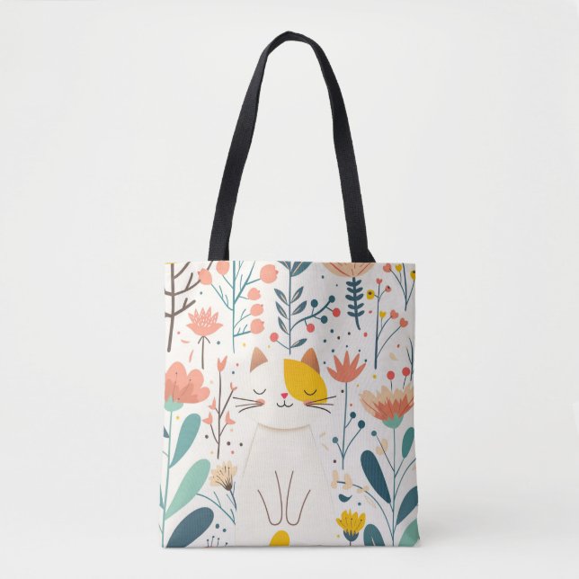 Bolsa Tote Pequena ilustração de felicidade e flores (Frente)