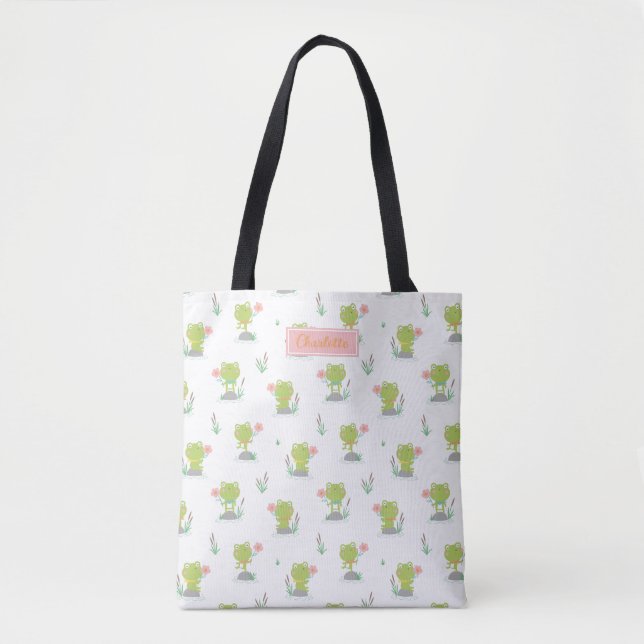 Bolsa Tote Pequenas Sapos bonitas com flores em branco (Frente)