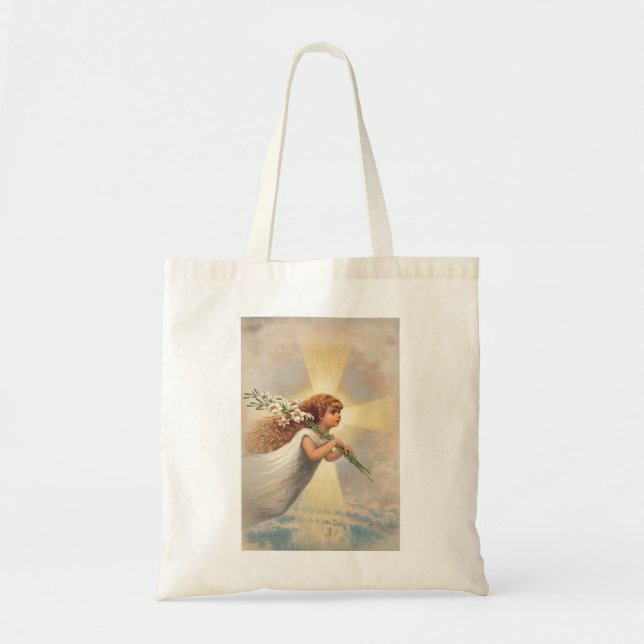 Bolsa Tote Pequeno anjo bebê segurando lírios (Frente)
