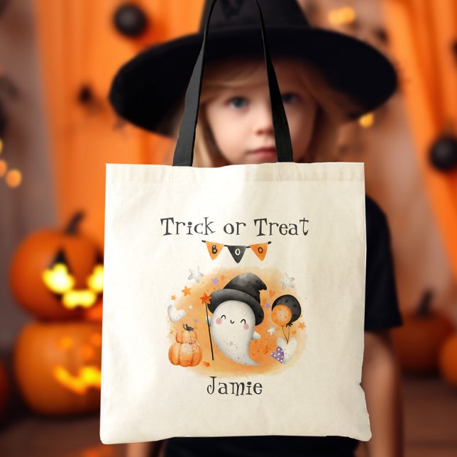 Bolsa Tote Pequeno Boo Laranja Bonito ou Trate o Halloween (Cute Little Boo Orange Trick or Treat Halloween Tote Bag)