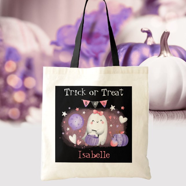 Bolsa Tote Pequeno Boo Rosa Bonito Nome Preto Rosa Halloween (Cute Little Boo Pink Black Candy Halloween Tote Bag)