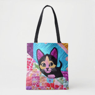 Bolsa Tote Pequeno Gatinho Preto E Branco Quilado Como Design