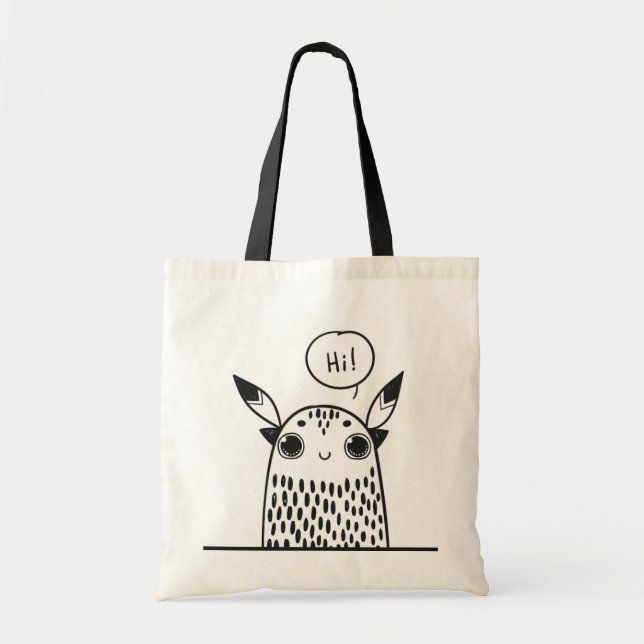 Bolsa Tote Pequeno Monstro Bonito, Preto e Branco Ilustrado (Frente)