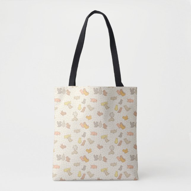 Bolsa Tote Pequenos Birdies e penas no bege - padrão. (Frente)