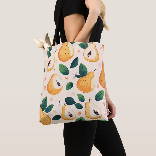 Bolsa Tote Pêras Amarelas Doces e Padrão de Frutas de Folhas  (Close Up)