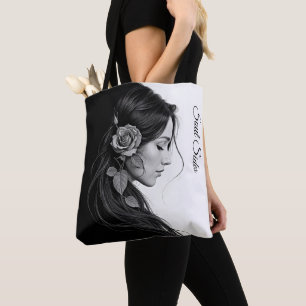 Bolsa Tote Perfil artístico feminino com rosa em monocromo