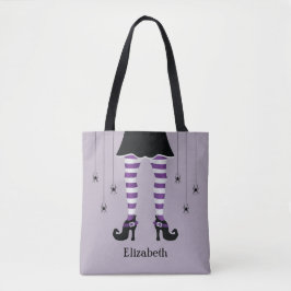 Bolsa Tote Pernas de Bruxa Roxa E Aranhas Com Nome Halloween