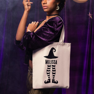 Bolsa Tote Pernas e Chapéu de Bruxa Halloween Nome Personaliz