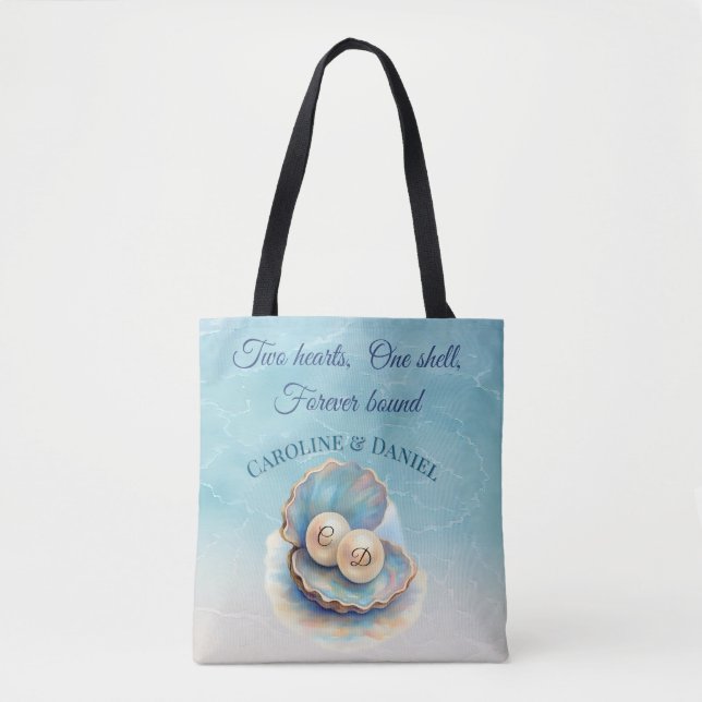 Bolsa Tote Pérolas de Casamento de Praia Shell Elegant Ocean  (Frente)