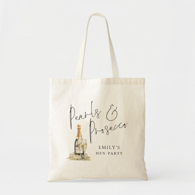 Bolsa Tote Pérolas Prosecco Dama de Honra Nome Festa de Despe (Frente)