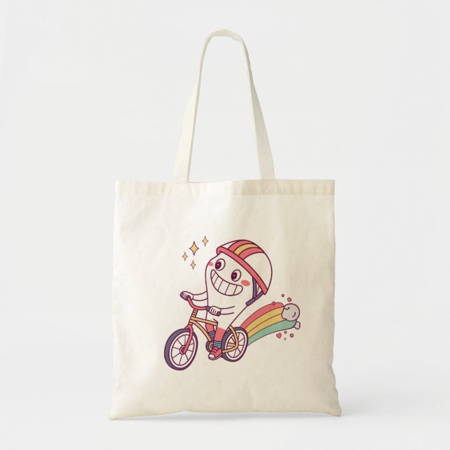 Bolsa Tote Personagem de desenho animado alegre na Bicicleta  (Frente)