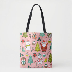 Bolsa Tote Personagem de desenho animado, pinheiros e natal,