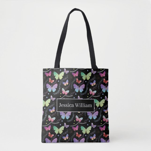Bolsa Tote Personal Name Elegant Purple Bright Butterflies  (Frente)