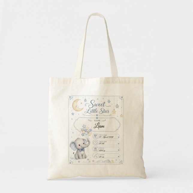Bolsa Tote Personalisierbare Baby Geburtstafel mit Elefant  (Frente)