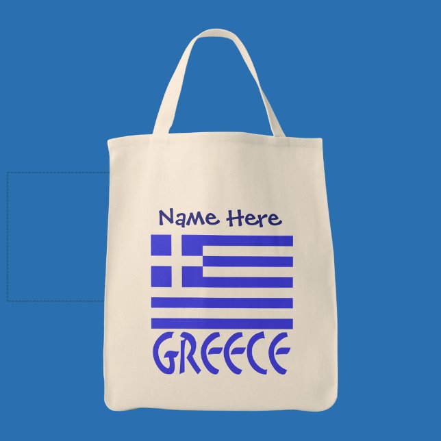 Bolsa Tote Personalização Azul do Sinalizador Grego grécia (Personalized tote bag with Greek flag and the word GREECE below in blue letters. Add a name above.)