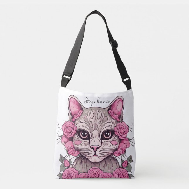 Bolsa Tote Personalizada com Gato e Rosas Rosa (Frente)