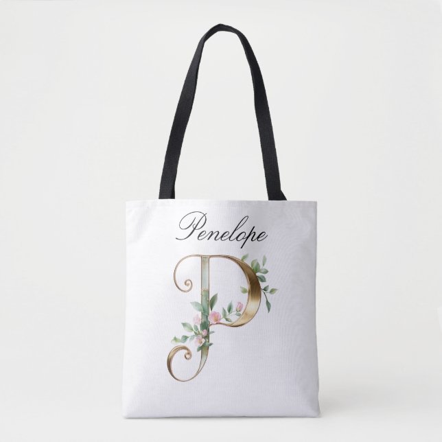 Bolsa Tote Personalizada com Letra Floral a Dourad (Frente)