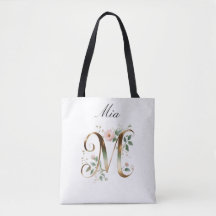 Bolsa Tote Personalizada com Letra Floral em Ouro