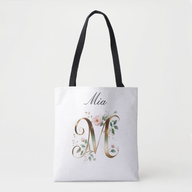 Bolsa Tote Personalizada com Letra Floral em Ouro (Frente)