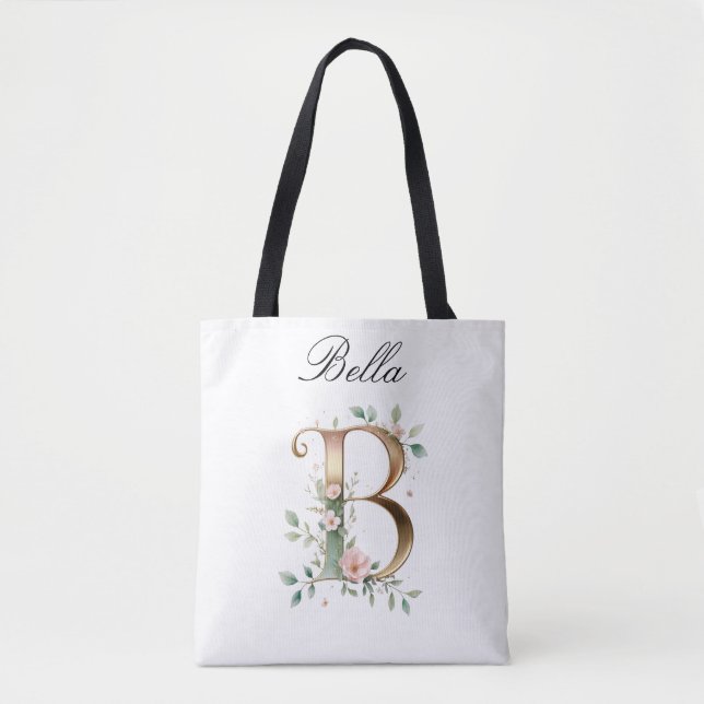 Bolsa Tote Personalizada com Letra Floral em Ouro (Frente)