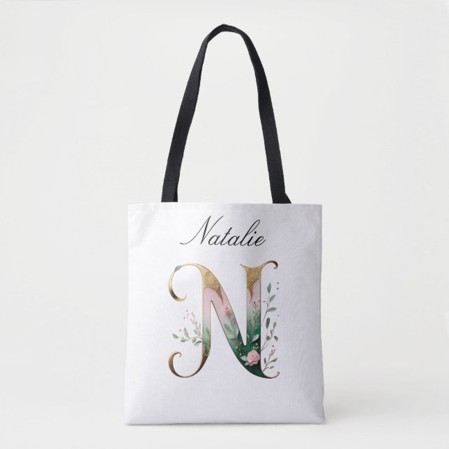 Bolsa Tote Personalizada com Letra Floral em Ouro (Frente)